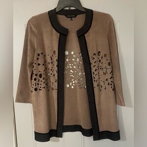 Ming Wang Women's Size Small Tan Brown Laser Cut Soft Faux Suede Open Jacket